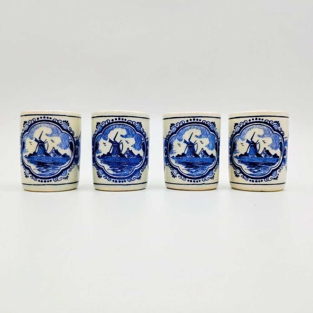 VINTAGE SET - HOLLAND DELFTS BLUE TOOTHPICK HOLDER SET COLORFUL WINDMILL DESIGN